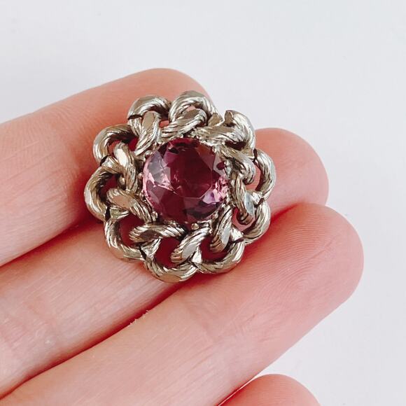 Vintage Mid Century Silver Tone Purple Glass Domed Rope Brooch 1950s 1960s - Picture 4 of 10